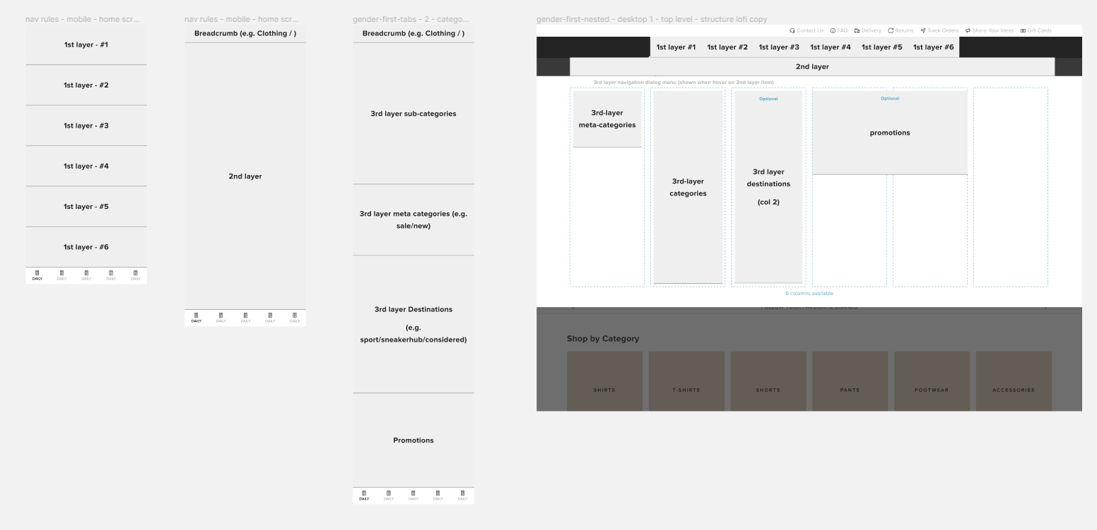 early wireframes that show a mobile and desktop interface for product navigation